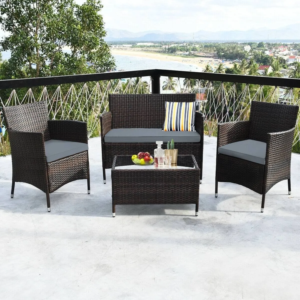 4pc Wicker Rattan Patio Conversation Furniture Set with Glass Table - Grey